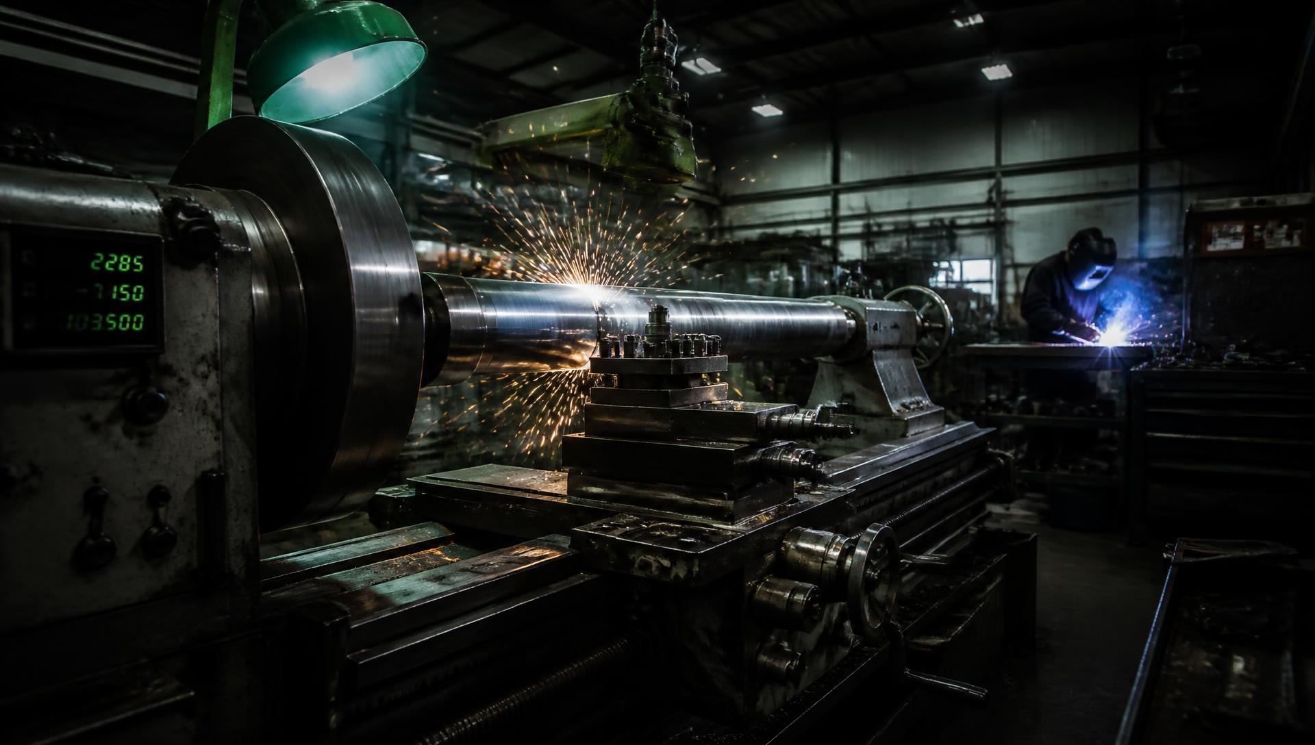 Torno industrial usinando eixo de aço com precisão na DGS Tornearia